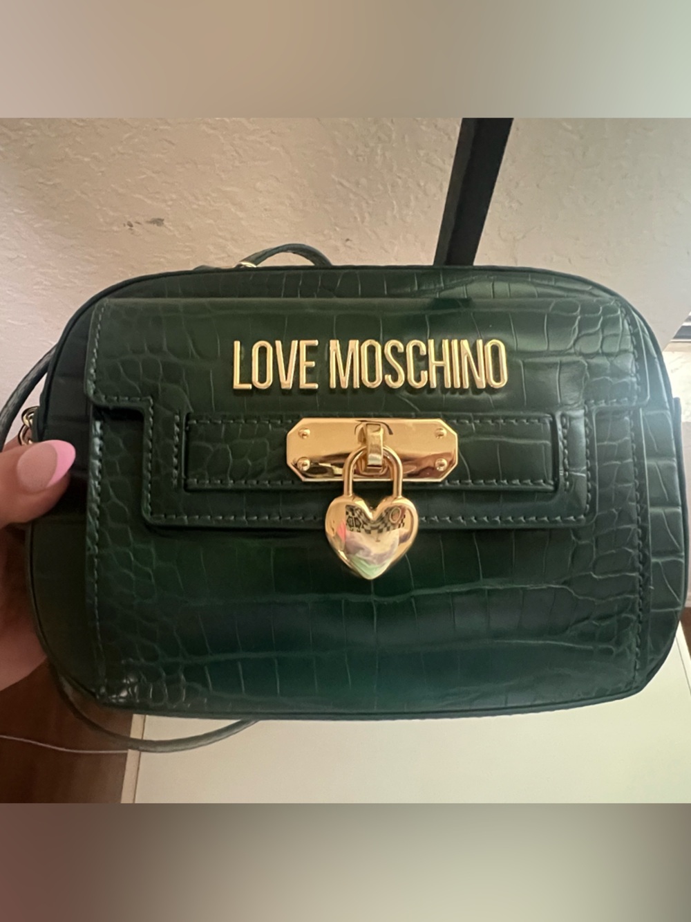 Love Moschino Green Croc-Embossed Crossbody Bag